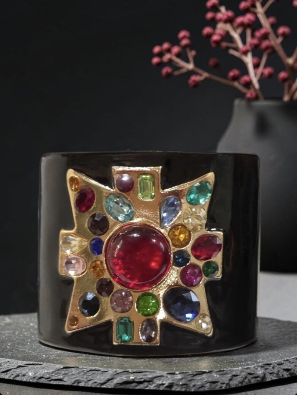 18k Gold Plated Iconic Luxury Maltese Cross Jeweled Onyx Enamel Cuff Bracelet